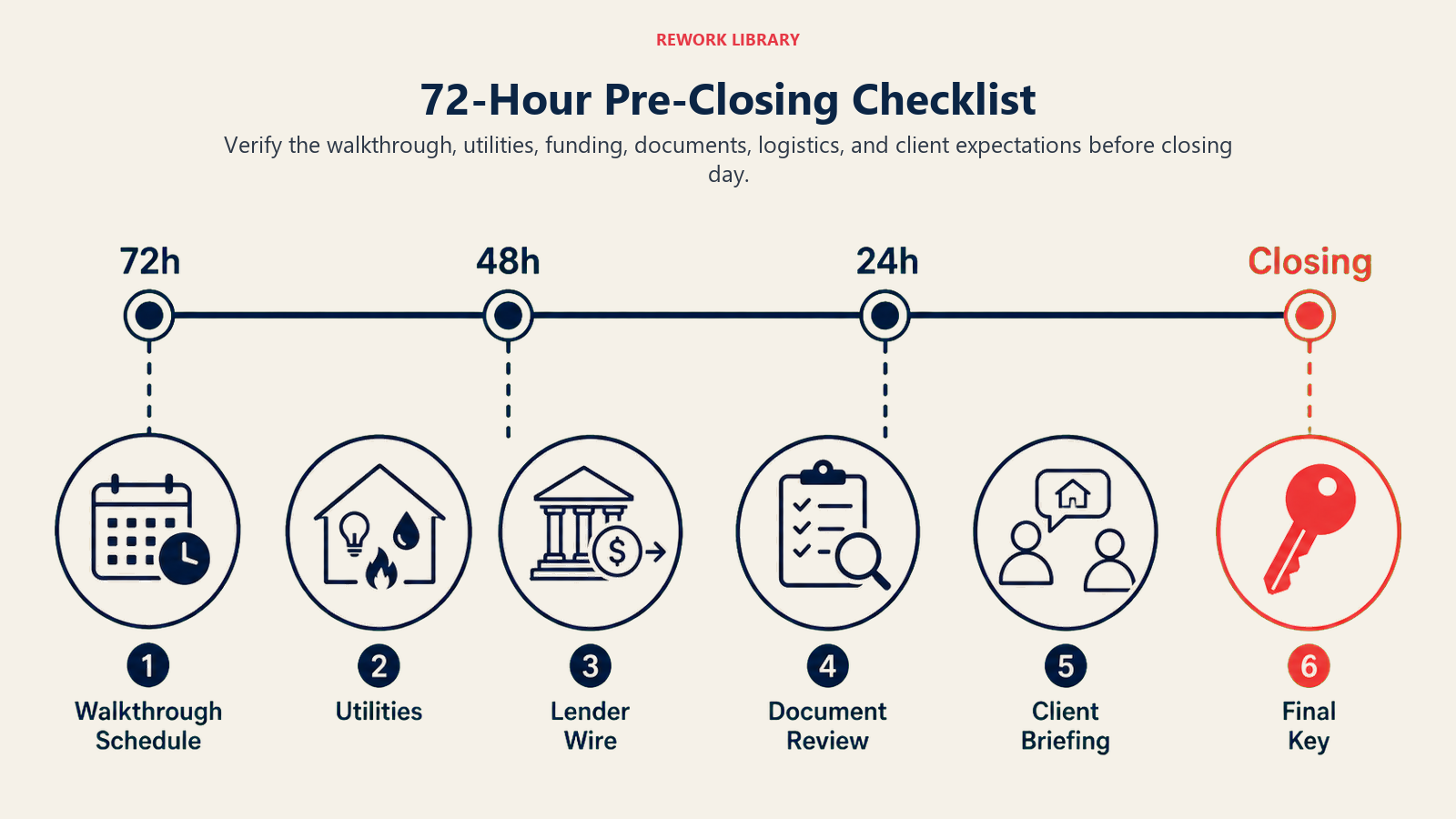 72-Hour Pre-Closing Checklist illustrated with a wide countdown flow with sparse markers 72h, 48h, 24h, Closing; stations for walkthrough schedule, utilities, lender wire, document review, client briefing, and final key, one coral closing marker.