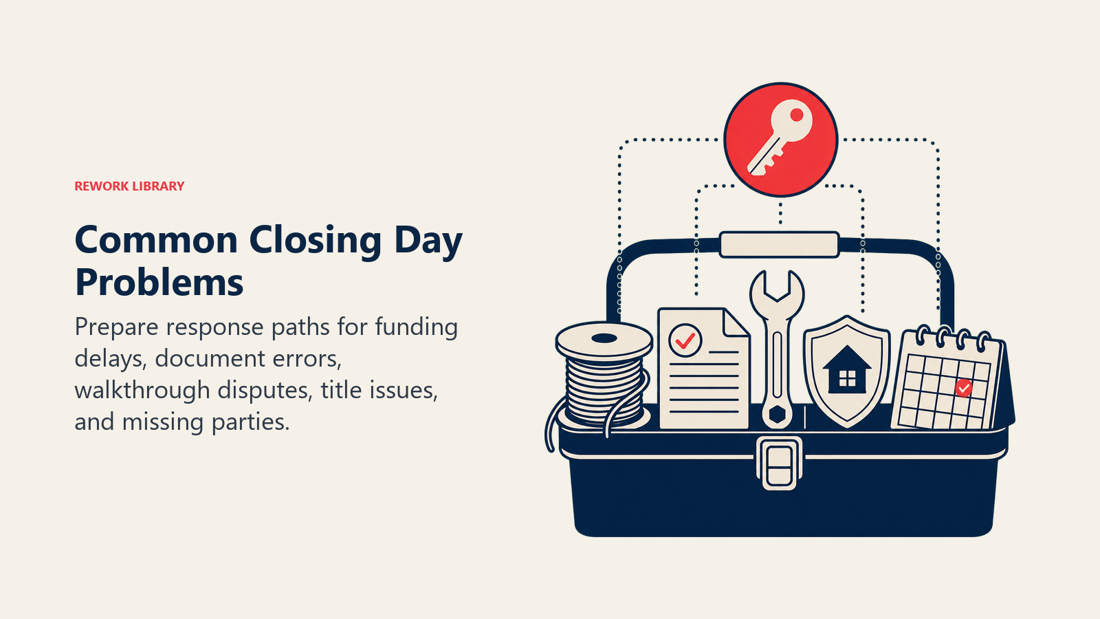 Common Closing Day Problems illustrated with an organized closing-day toolbox containing a wire cable spool, corrected paper, repair wrench, title shield, and attendance calendar, focused around one coral resolution key.