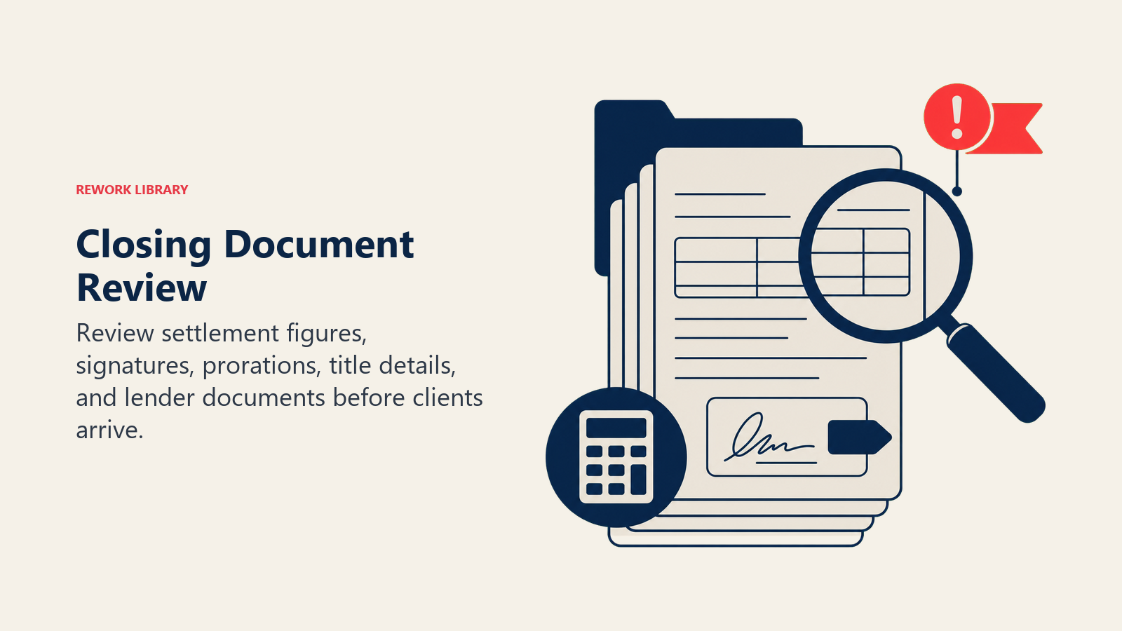 Closing Document Review illustrated with a neat stack of settlement papers under a magnifying lens, with signature tab, calculator token, title folder, and one coral discrepancy flag; no readable text.