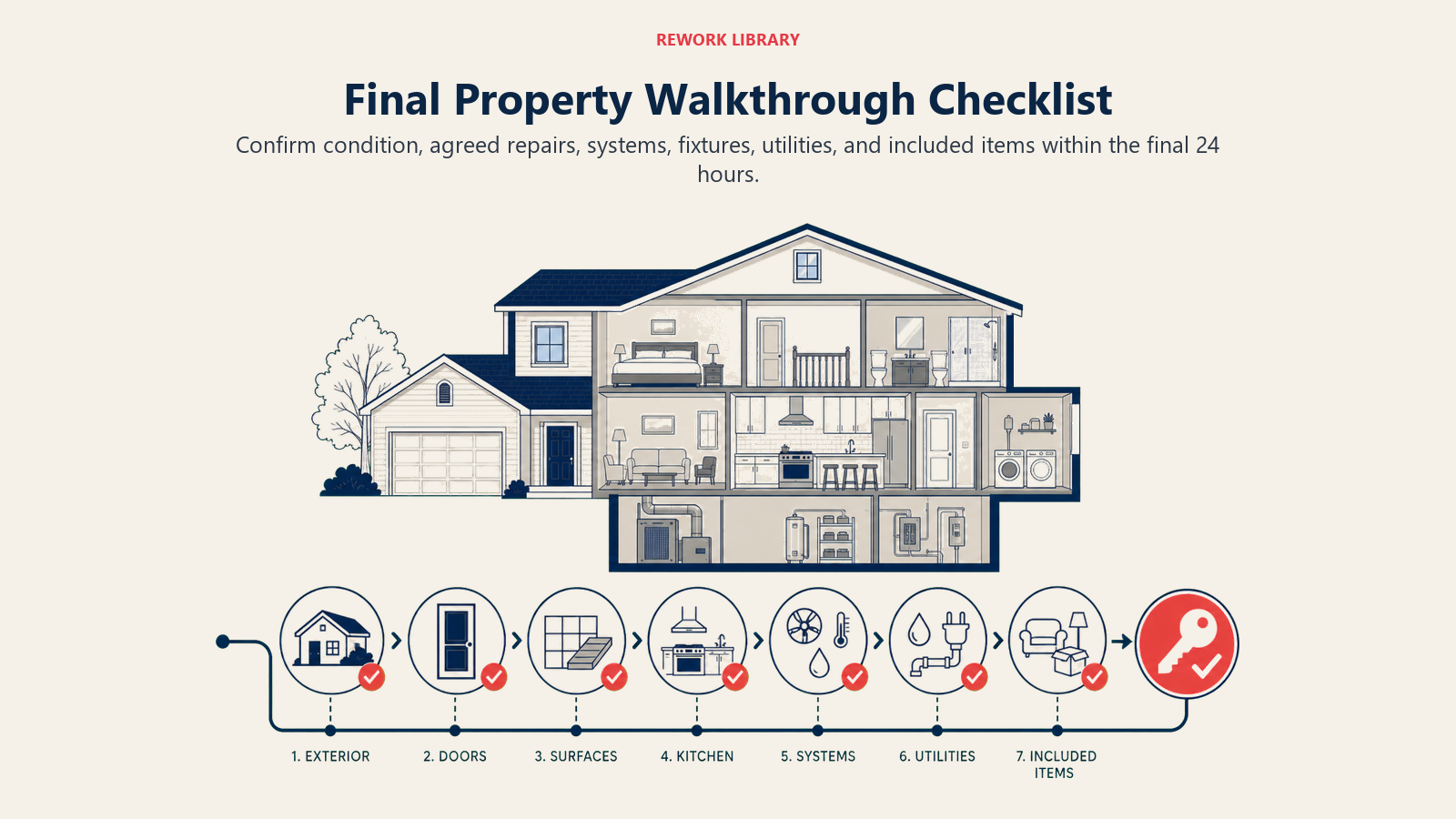 Final Property Walkthrough Checklist illustrated with a wide guided path through a house cutaway, moving from exterior to doors, surfaces, kitchen, systems, utilities, and included items, ending at a coral approval key; sparse check markers.