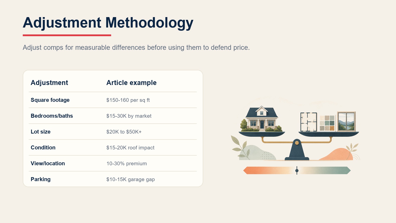 CMA adjustment methodology with square footage, condition, lot, view, and parking factors
