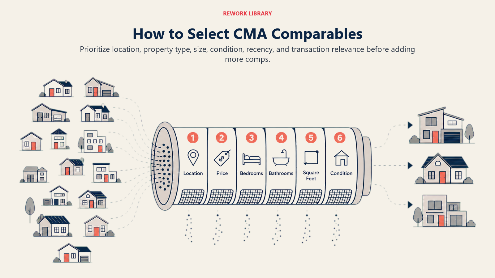 How to Select CMA Comparables illustrated with a wide comparable selection sieve with six clear criteria gates filtering many houses into three high-fit matches