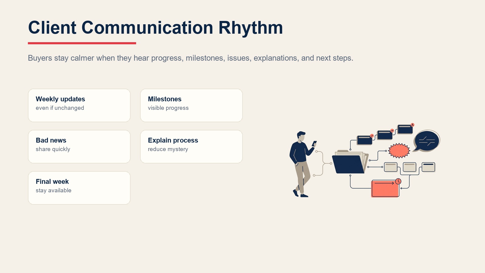 Client communication rhythm during contract-to-closing with weekly updates, milestones, issue alerts, explanations, and final-week availability