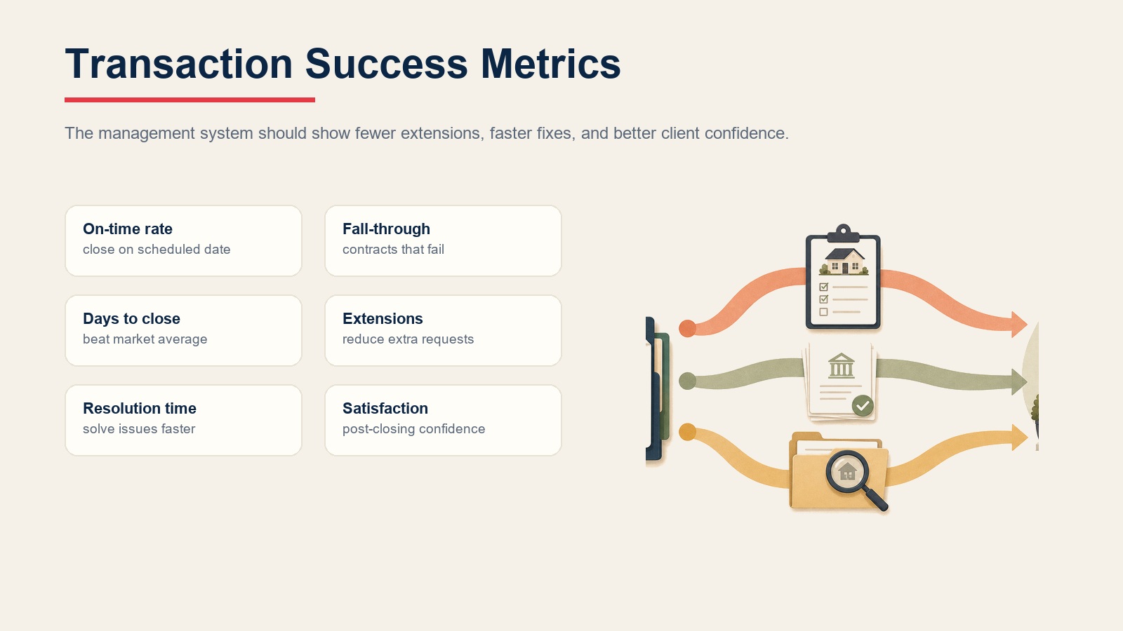 Transaction success metrics for on-time closing, fall-through, days to close, extensions, issue resolution, and satisfaction