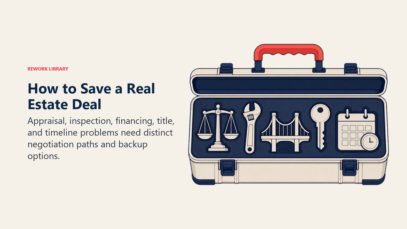 How to Save a Real Estate Deal illustrated as deal rescue kit with five transaction-specific tools