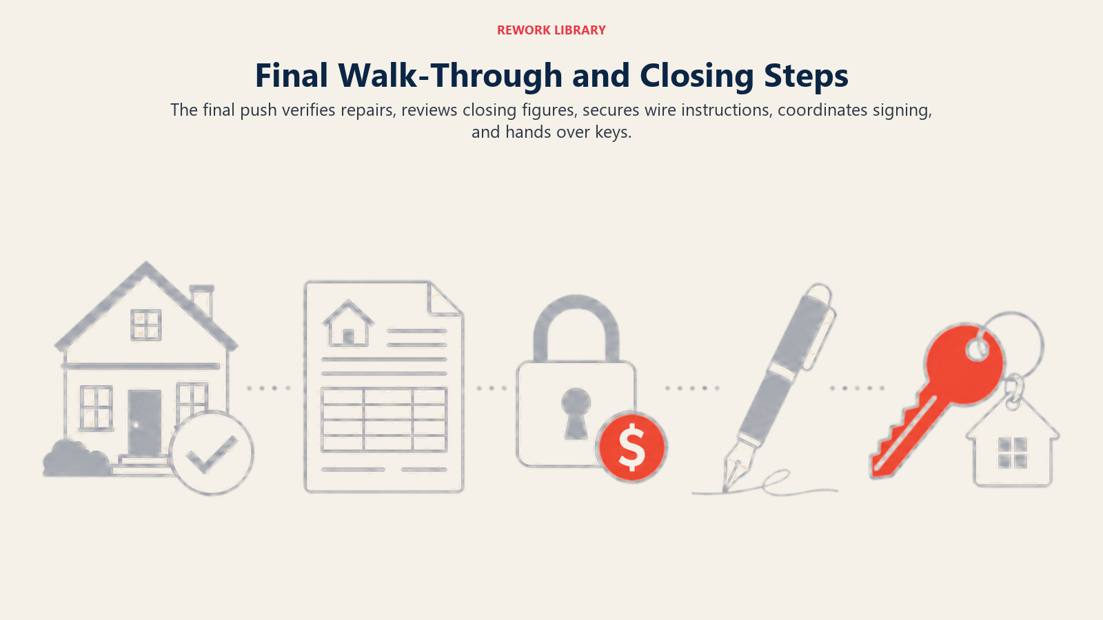 Final Walk-Through and Closing Steps illustrated as final walkthrough route from repair check to key handoff