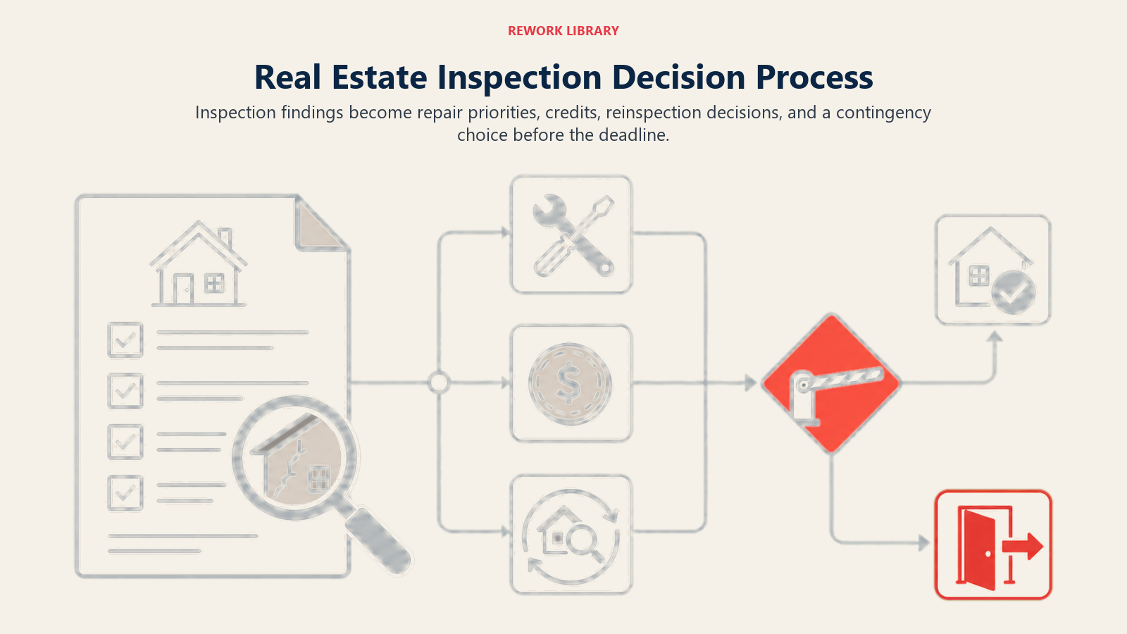 Real Estate Inspection Decision Process illustrated as inspection report branching into repair credit accept or exit routes