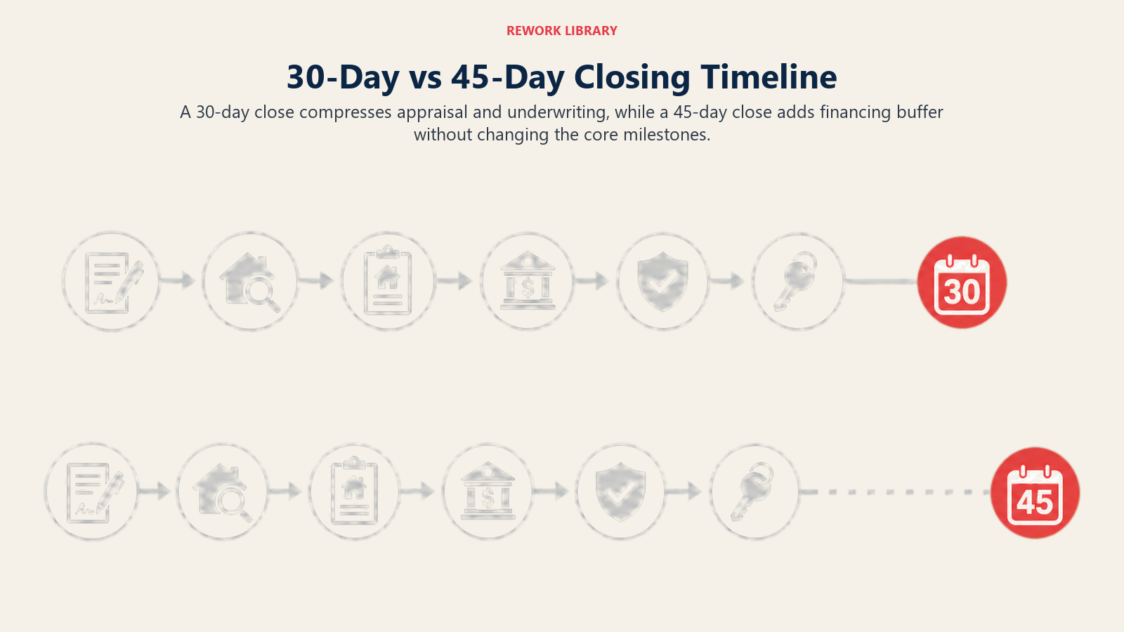 30-Day vs 45-Day Closing Timeline illustrated as two synchronized closing calendars with compressed and buffered routes