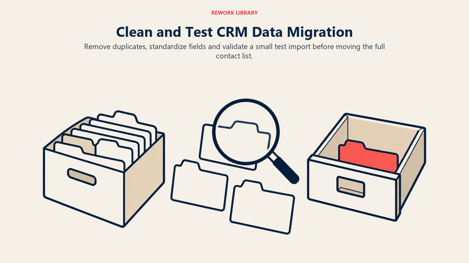 Clean and Test CRM Data Migration illustrated by small contact sample inspected before archive transfer.