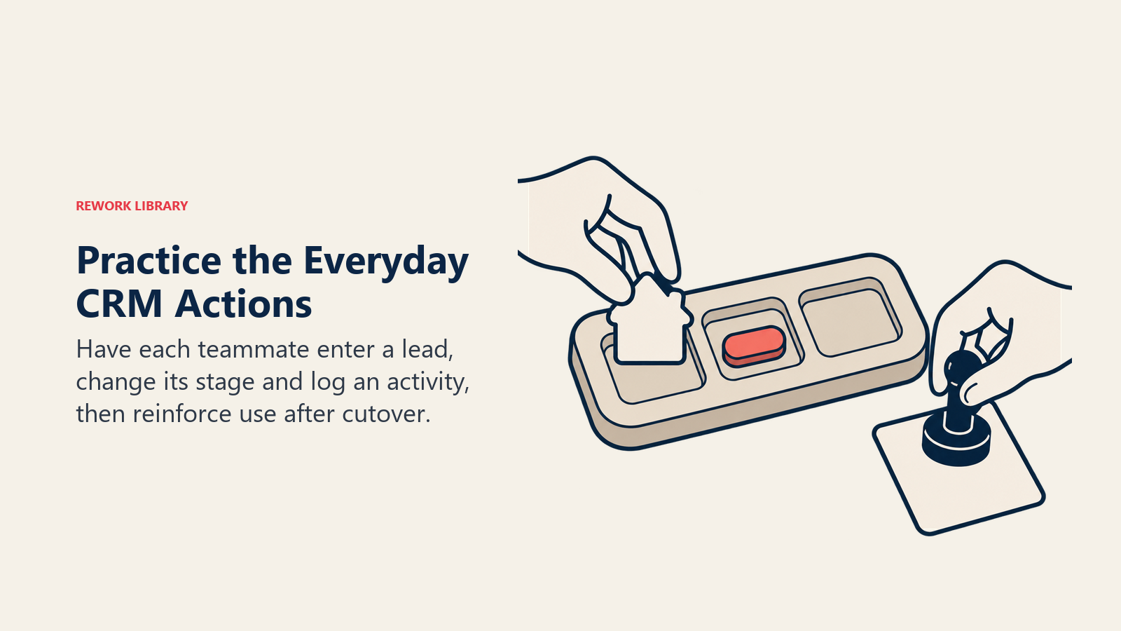 Practice the Everyday CRM Actions illustrated by hands moving real-estate lead token through practice board.