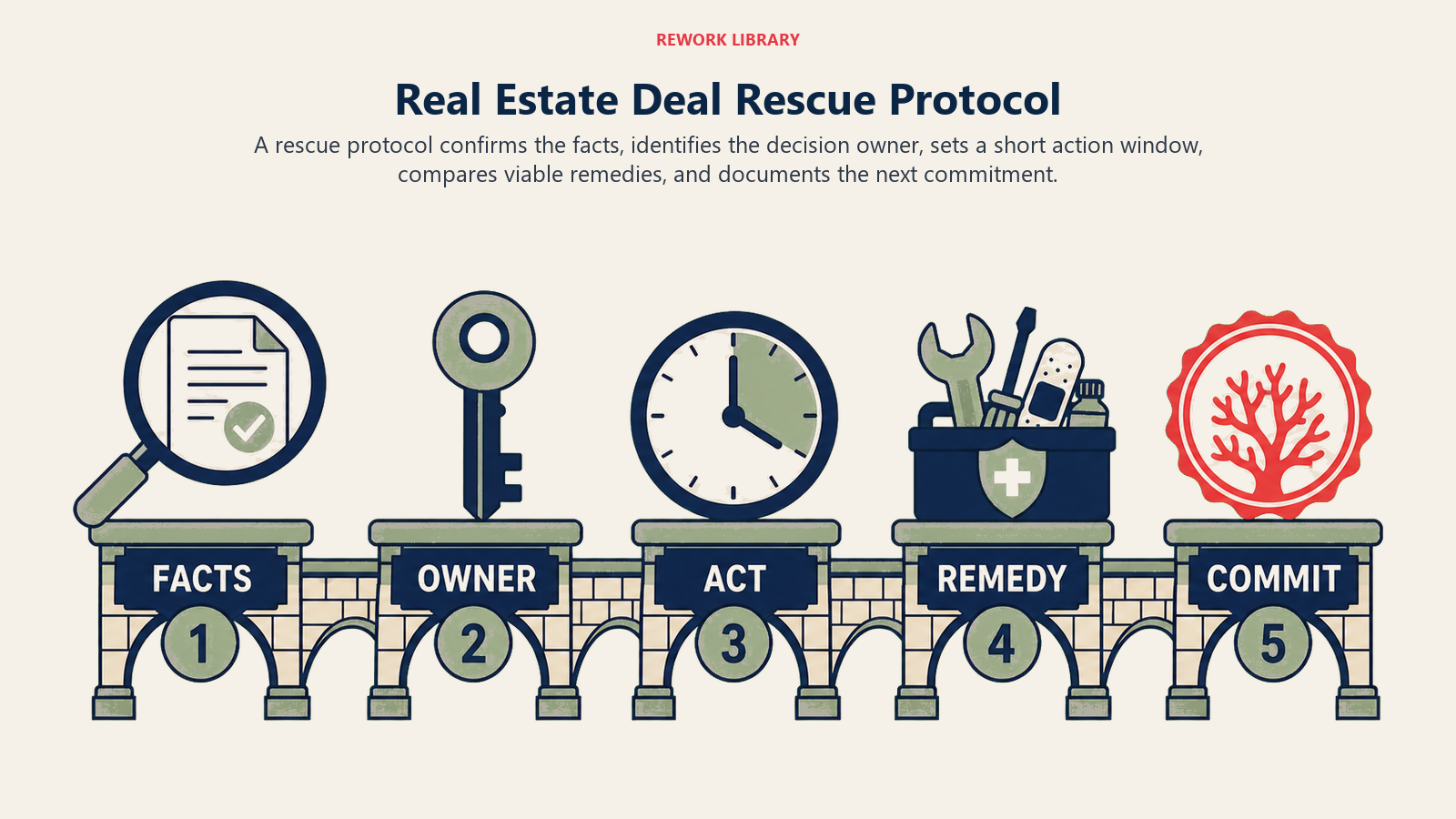 Real estate deal rescue protocol moving from facts and ownership to remedy and recommitment