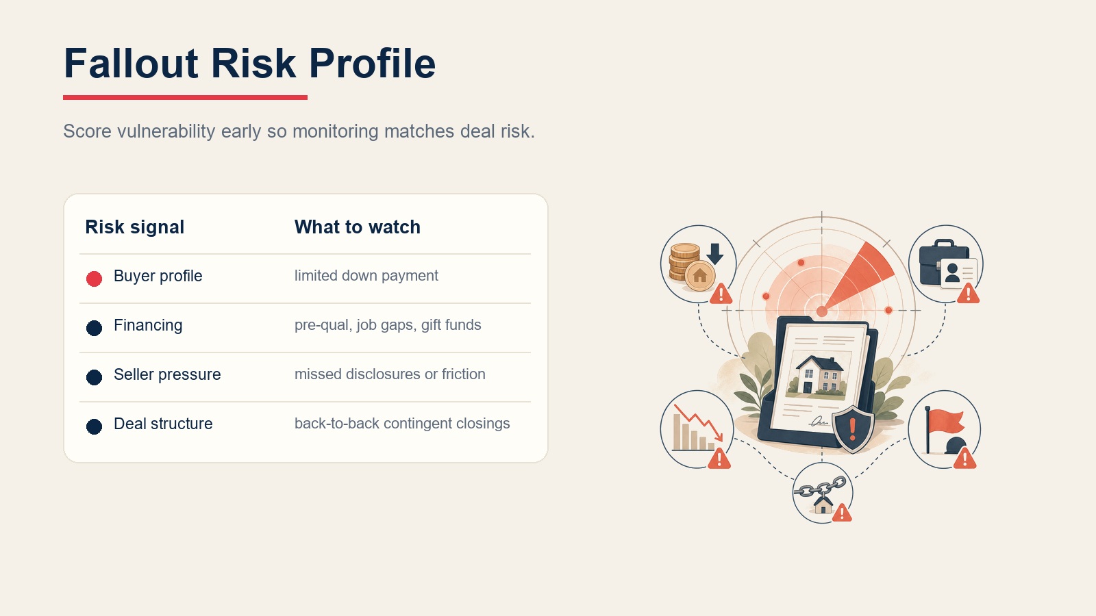 Deal fallout risk profile table showing buyer profile, financing, seller pressure, and deal structure