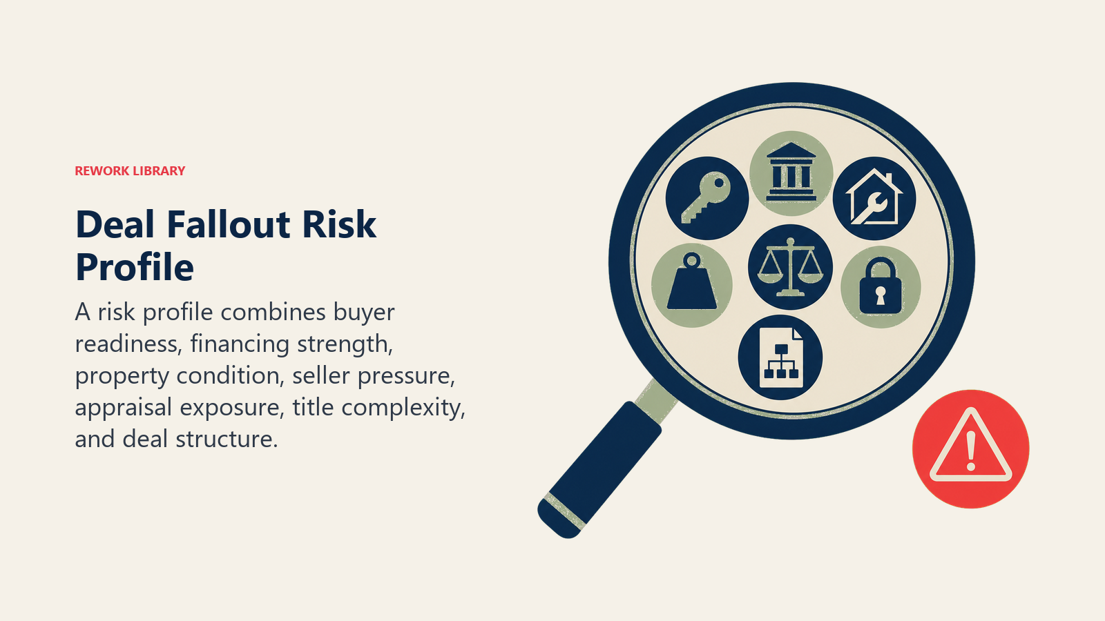 Deal fallout risk profile lens evaluating buyer, financing, property, seller, appraisal, title, and structure