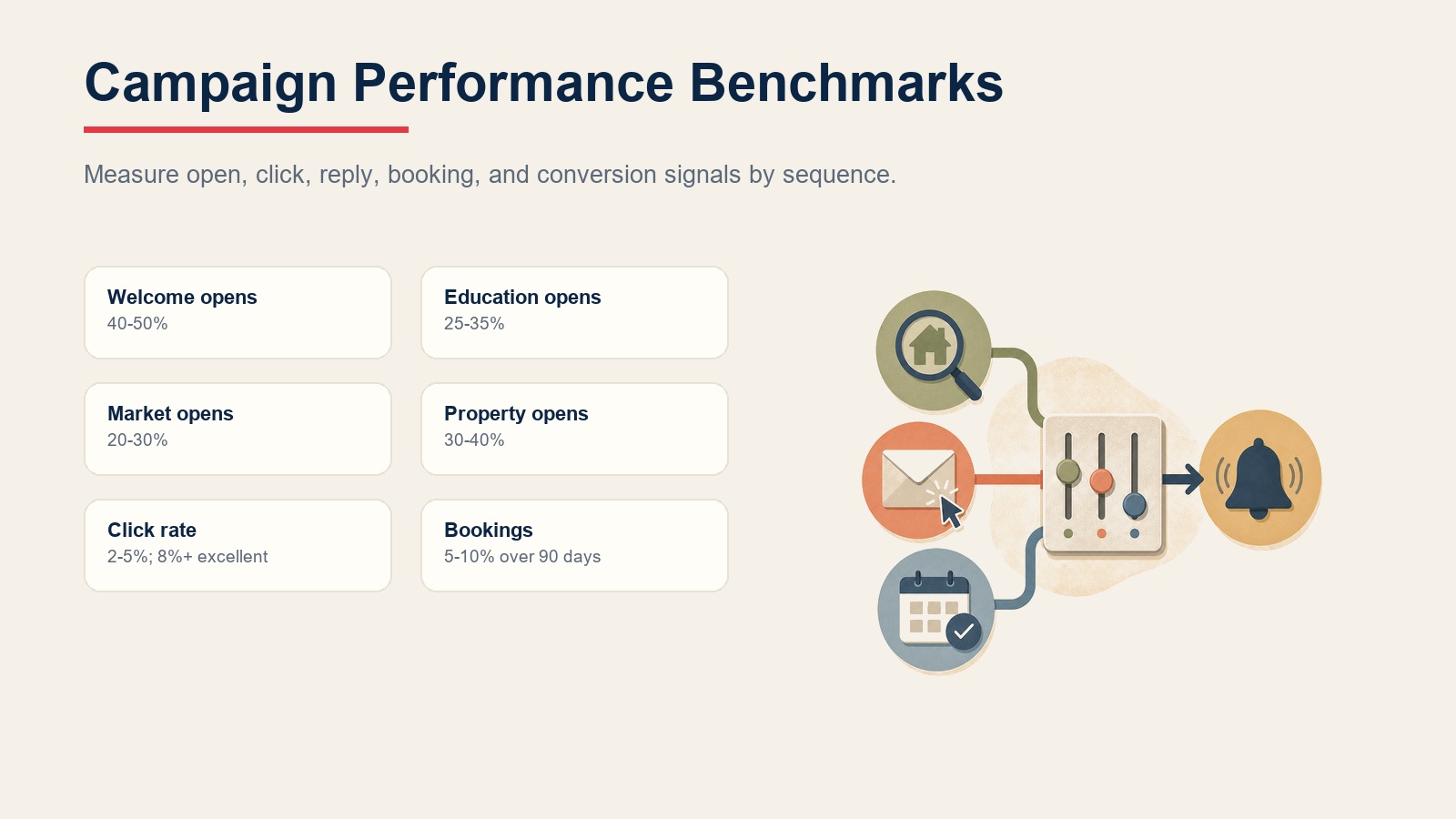 Drip campaign performance benchmarks for opens, clicks, replies, and consultation bookings