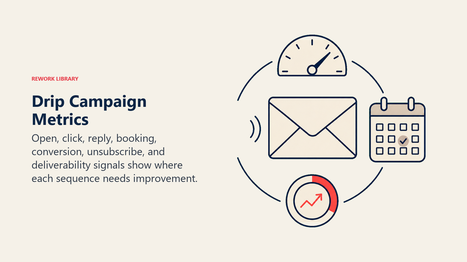 Drip Campaign Metrics illustrated by Email envelope surrounded by a restrained gauge cluster, reply pulse, booking calendar, and one coral conversion indicator