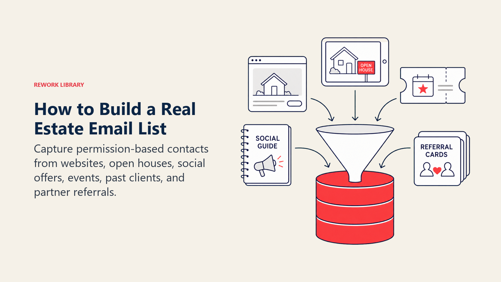 How to Build a Real Estate Email List: an opt-in collection funnel gathering website, open-house tablet, event ticket, social guide, and referral cards into one coral database