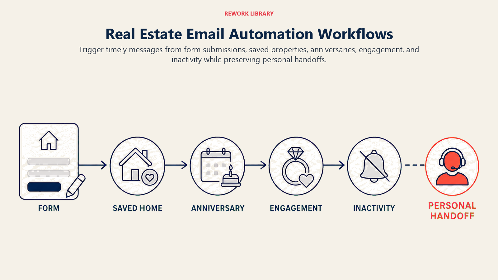 Real Estate Email Automation Workflows: a wide trigger-to-action automation route with form, saved home, anniversary, engagement, inactivity, and coral personal-handoff markers