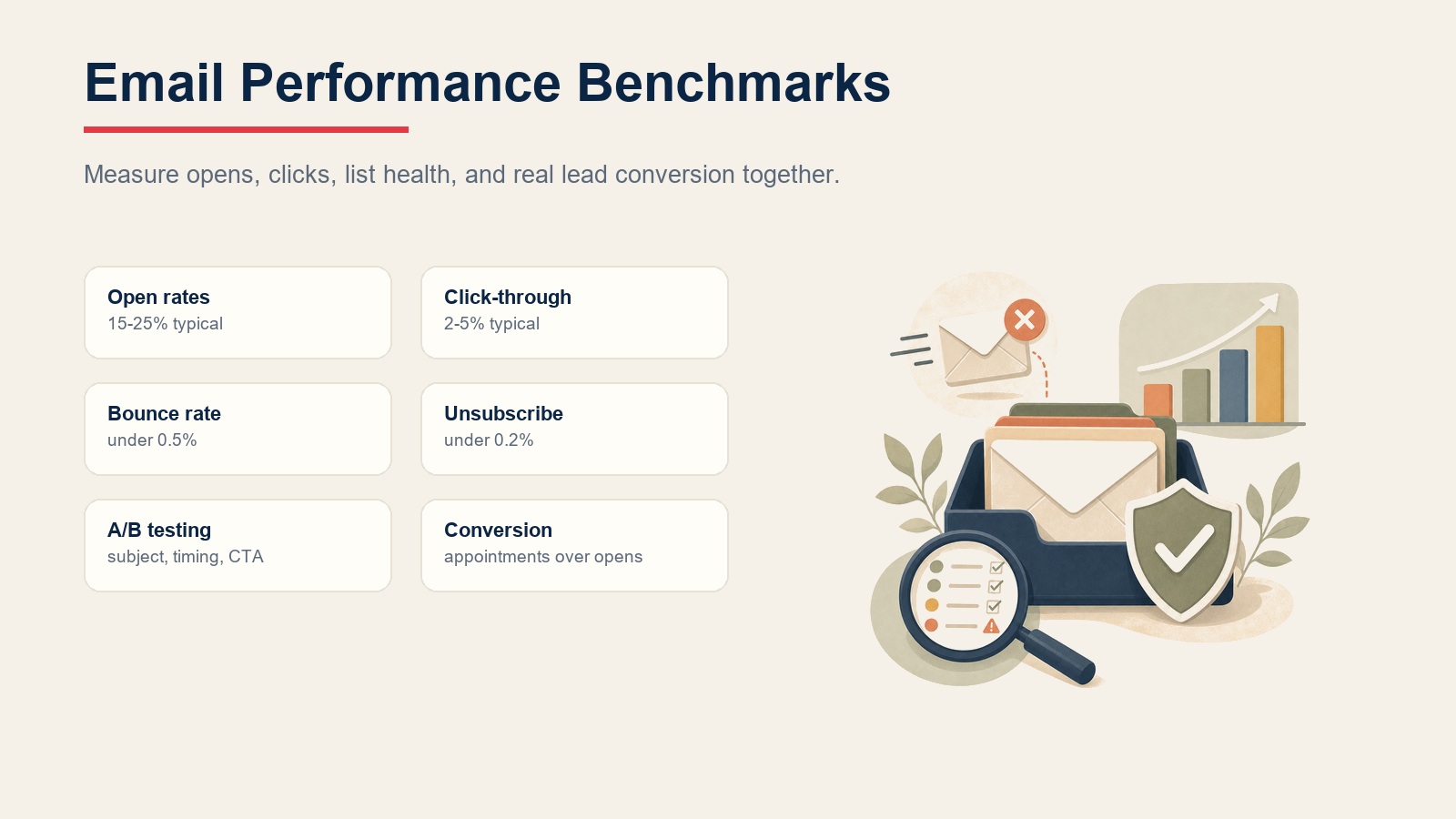 Email performance benchmarks for open rates, click-through rates, bounce rate, unsubscribe rate, testing, and conversion