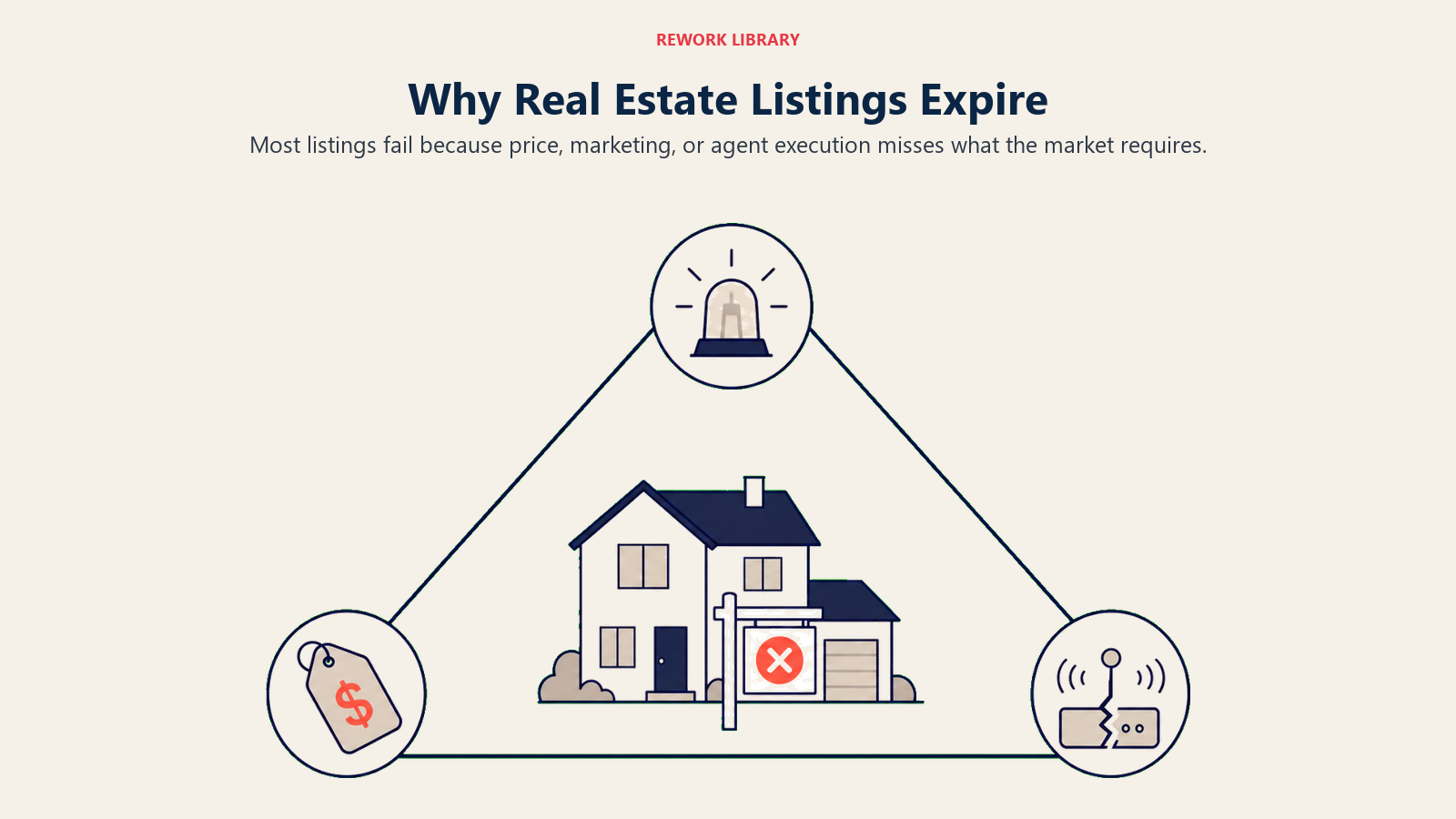 Why Real Estate Listings Expire illustrated by Wide failure triangle with a price tag, dim marketing beacon, and broken follow-up relay around an unsold house