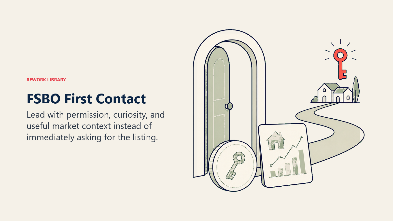 FSBO First Contact: an open conversation doorway where a permission token and market insight card precede a distant coral listing key