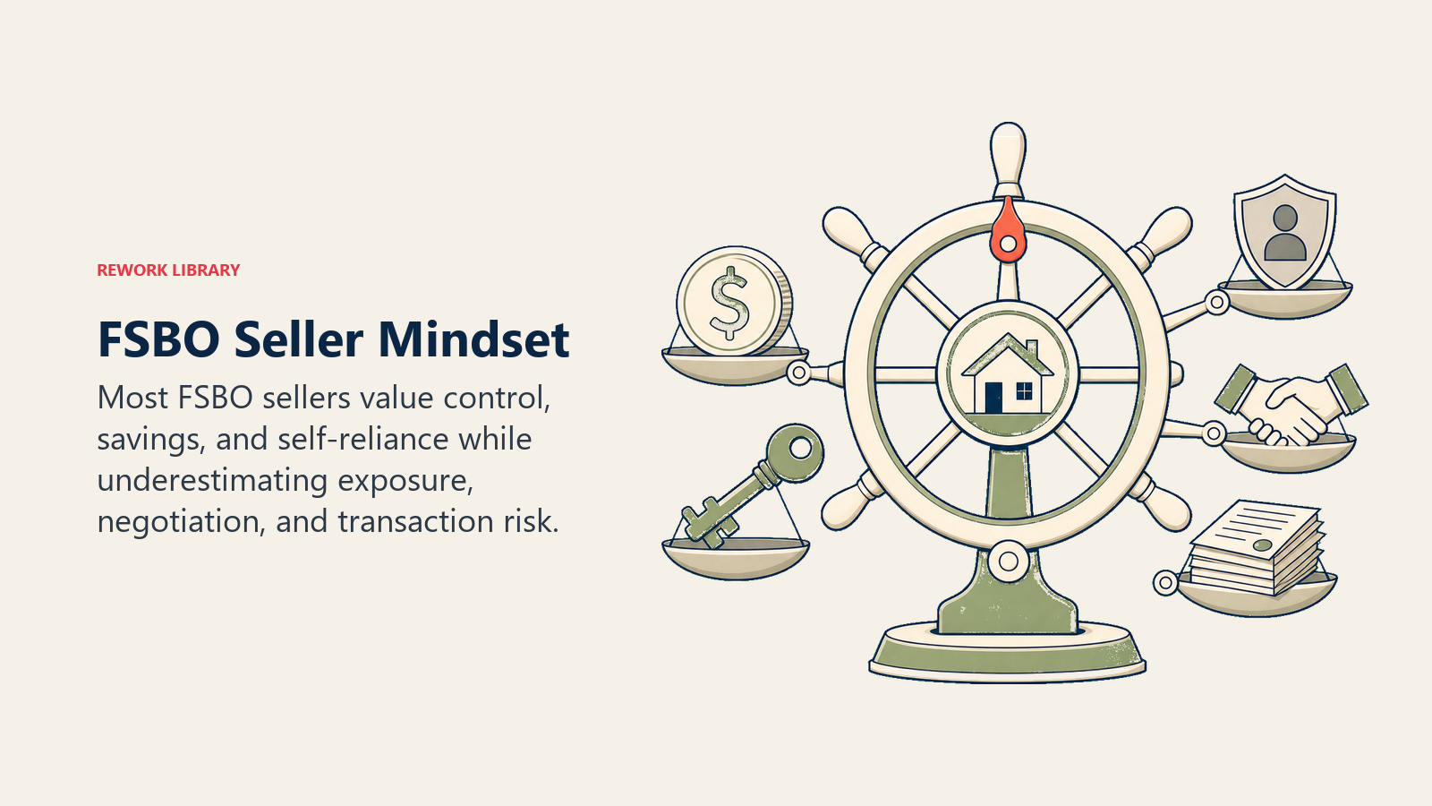 FSBO Seller Mindset: a seller control wheel balancing a savings coin and independence key against exposure, negotiation, and paperwork weights