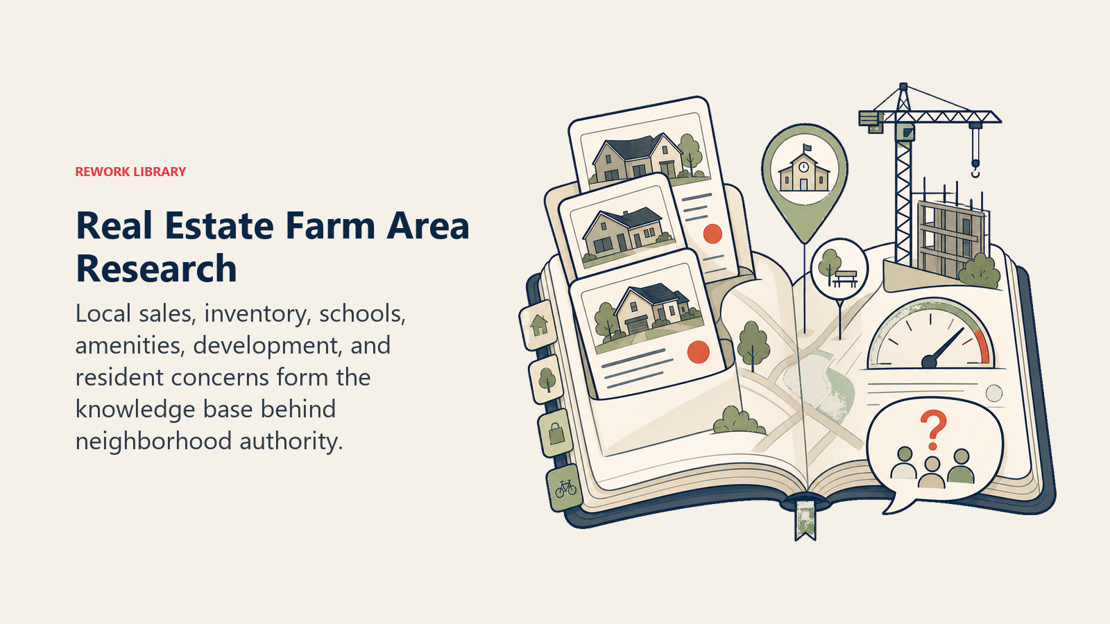 Real Estate Farm Area Research illustrated as neighborhood field guide for a real estate operating system