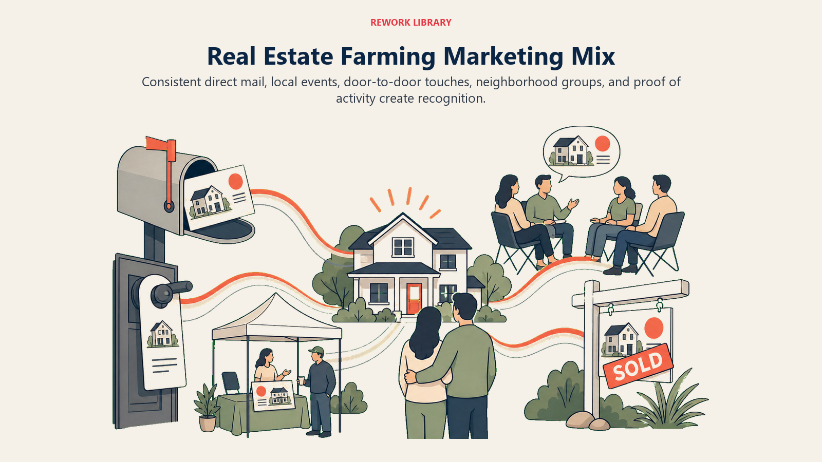 Real Estate Farming Marketing Mix illustrated as multi-channel neighborhood reach for a real estate operating system
