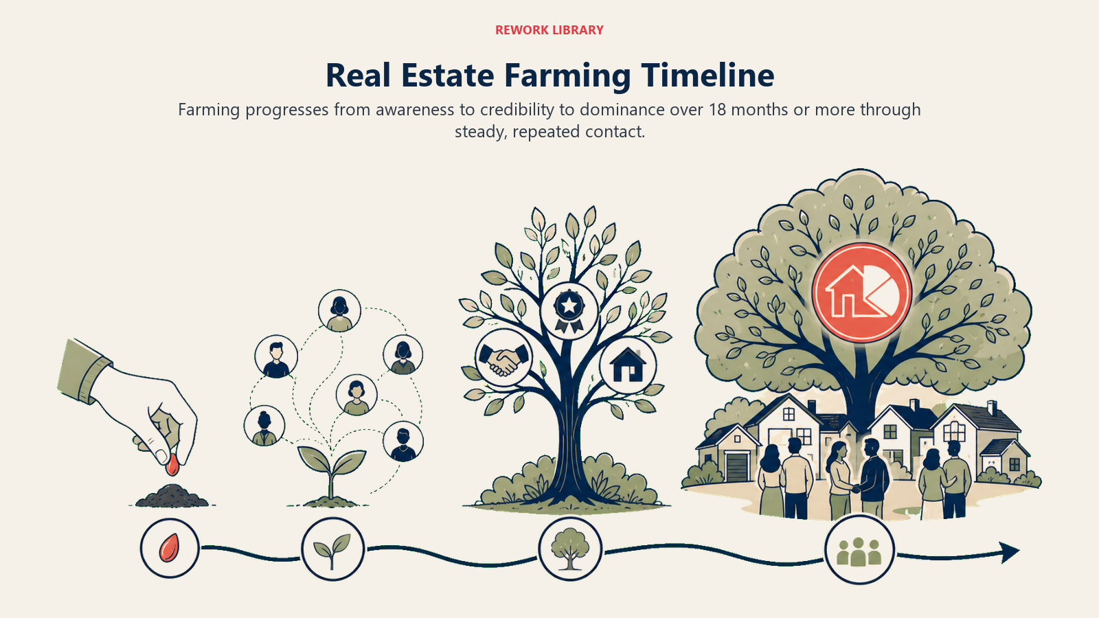 Real Estate Farming Timeline illustrated as neighborhood authority growth timeline for a real estate operating system