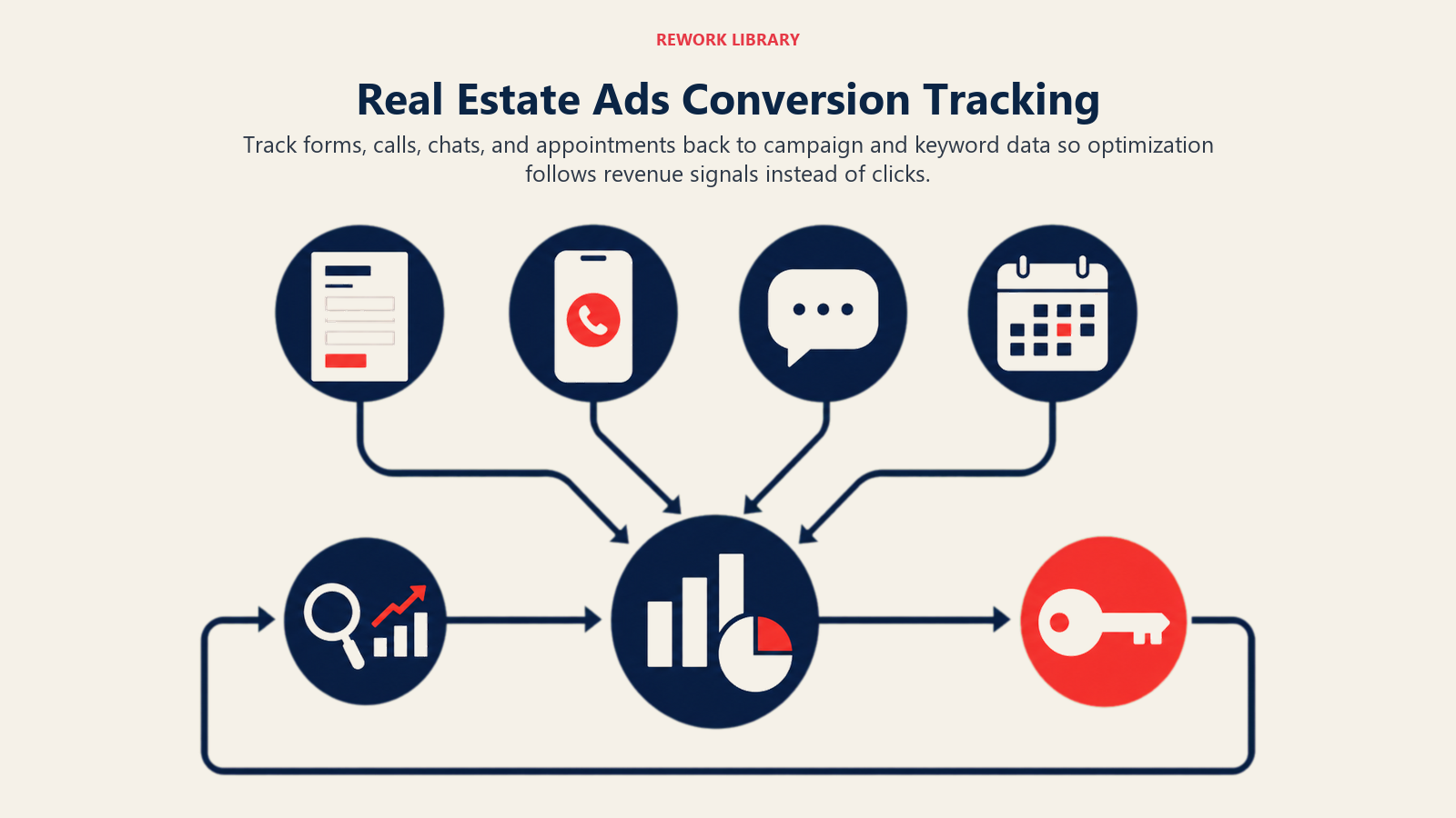 Real Estate Ads Conversion Tracking illustrated as conversion events flowing into attribution and revenue feedback