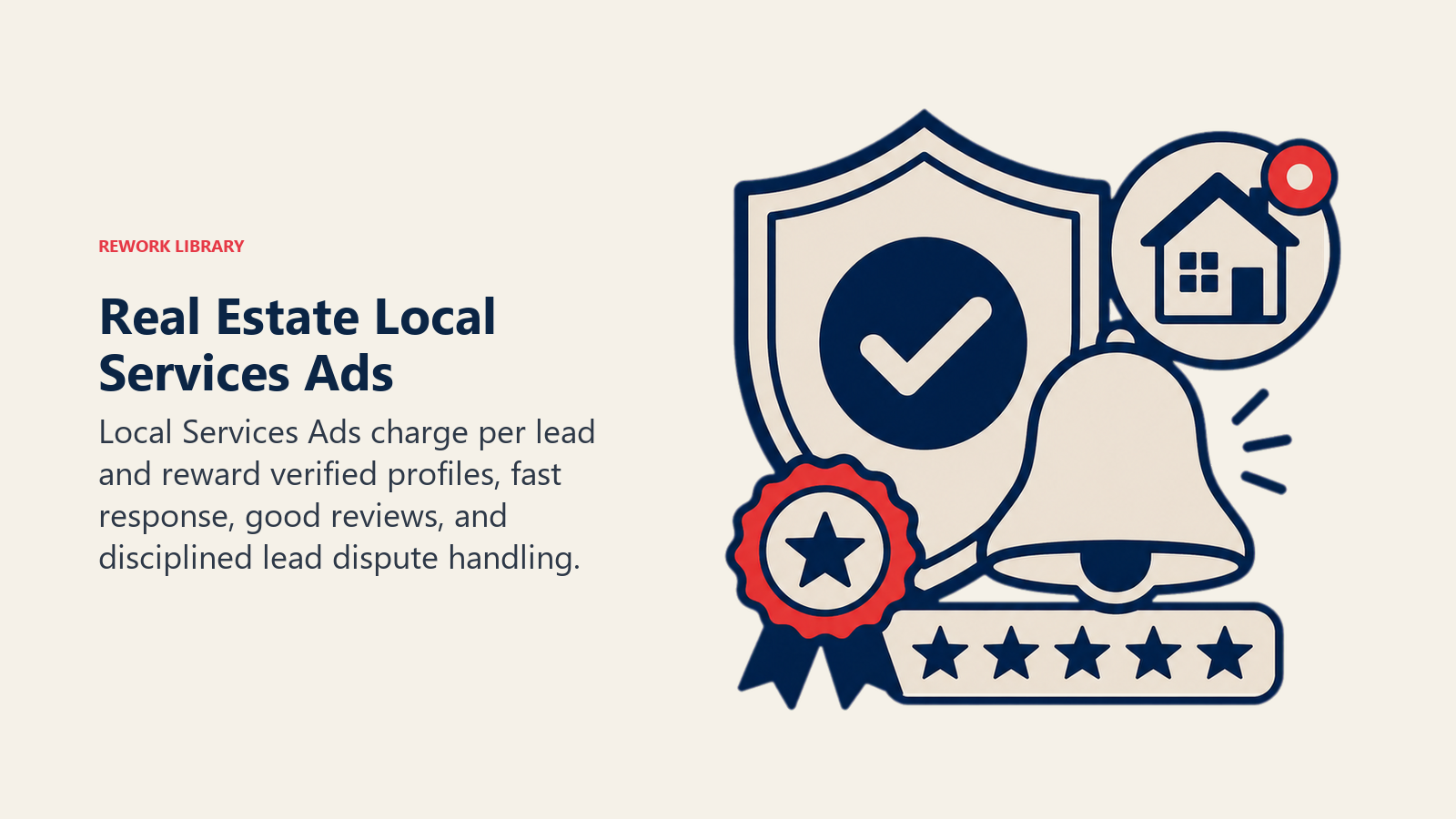 Real Estate Local Services Ads illustrated as verified local agent badge attached to a pay-per-lead bell