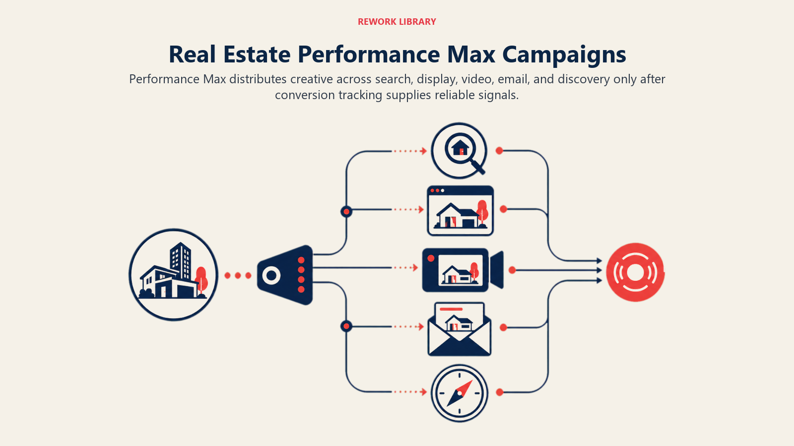 Real Estate Performance Max Campaigns illustrated as automation router distributing one campaign across five channels