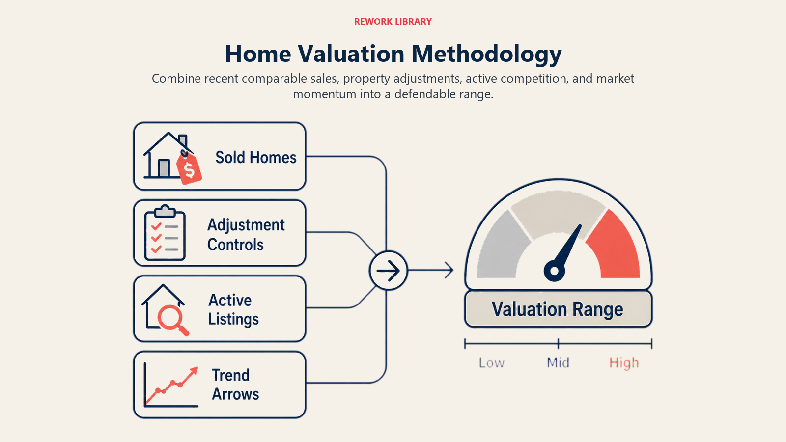 Home Valuation Methodology illustrated with four evidence streams from sold homes, adjustment controls, active listings, and trend arrows converging on a valuation range gauge