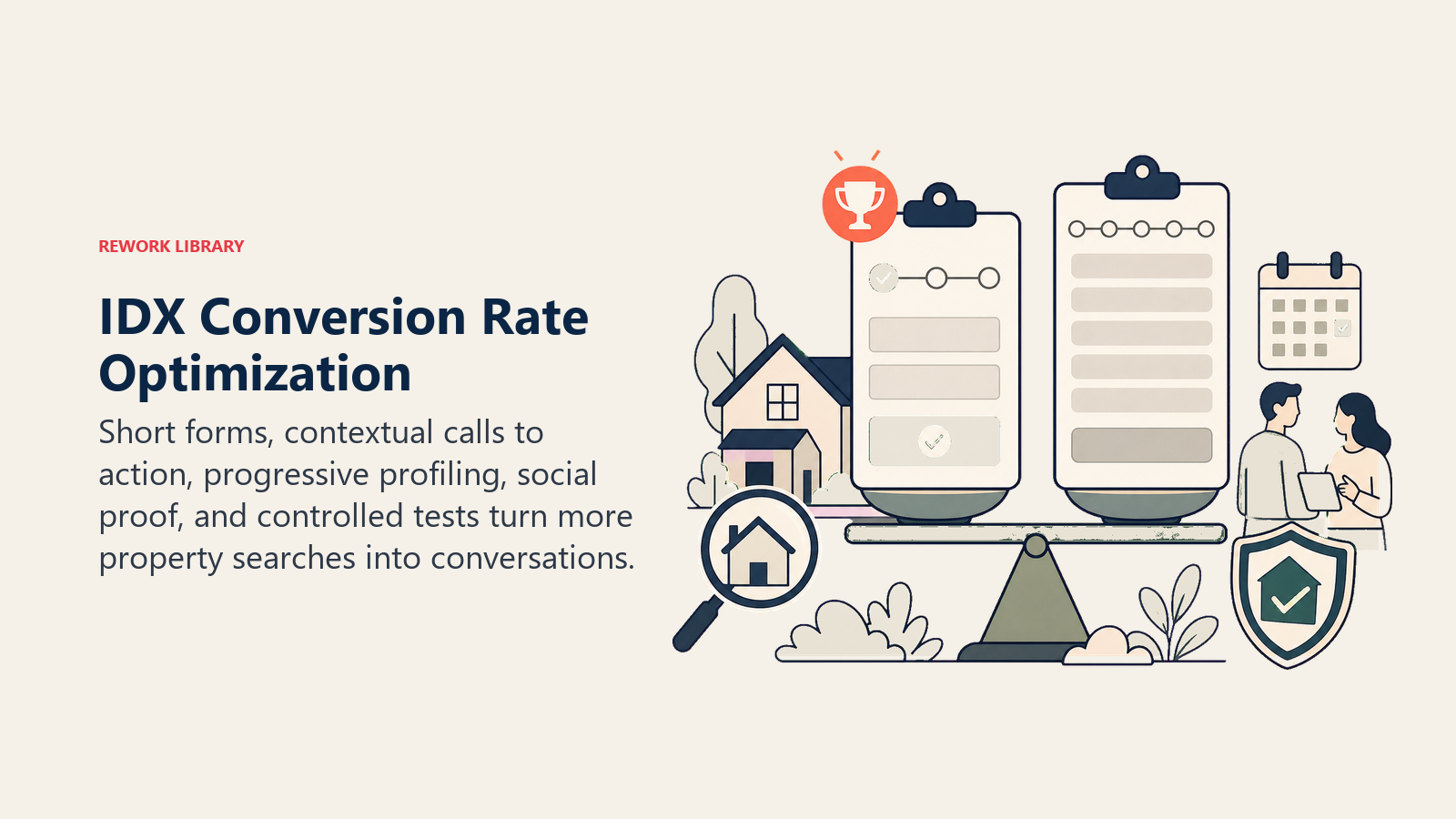 IDX Conversion Rate Optimization illustrated as IDX CRO experiment bench for a real estate operating system