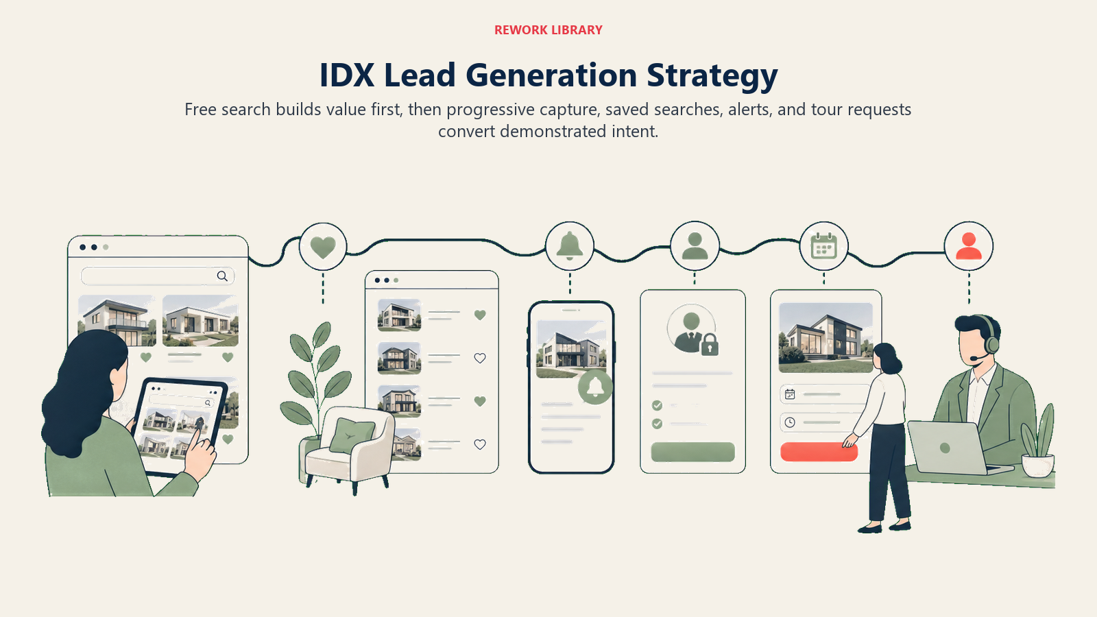 IDX Lead Generation Strategy illustrated as search-to-lead journey for a real estate operating system