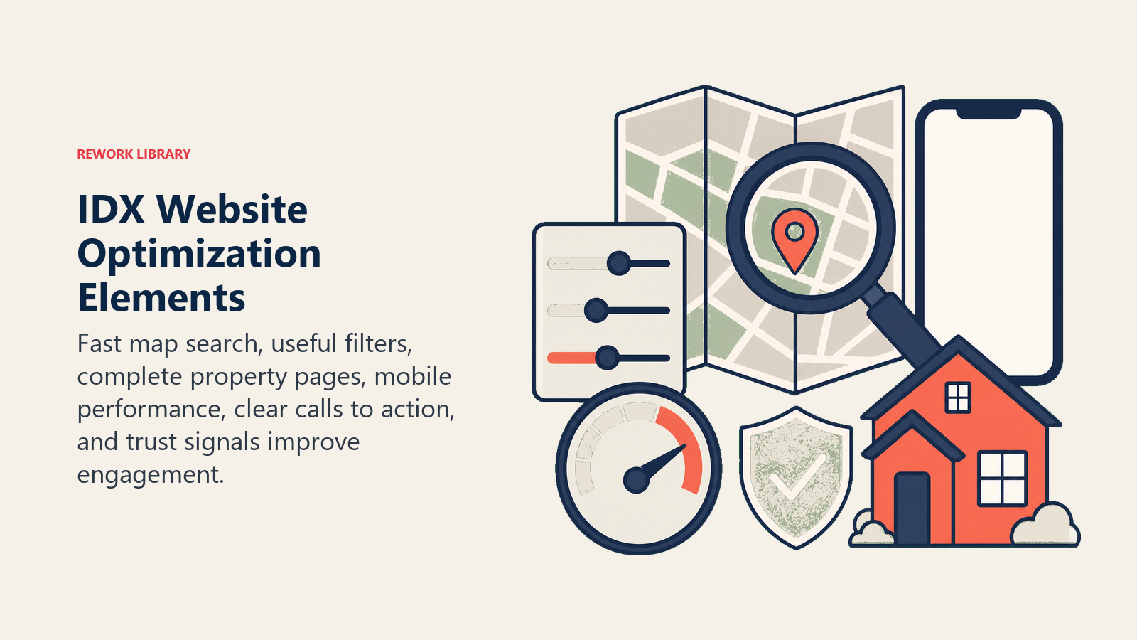 IDX Website Optimization Elements illustrated as IDX optimization control surface for a real estate operating system