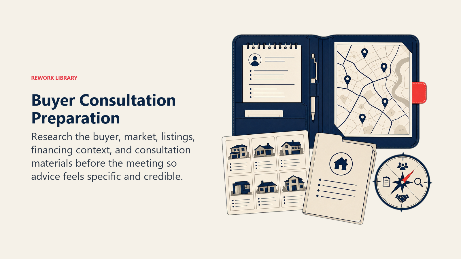 Buyer Consultation Preparation illustrated as consultation prep kit with buyer notes market map listings and financing folder