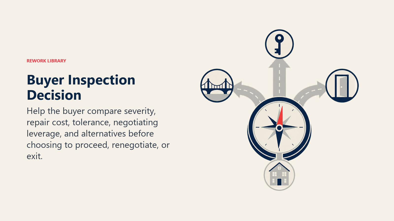 Buyer inspection decision compass pointing toward proceed, renegotiate, or exit