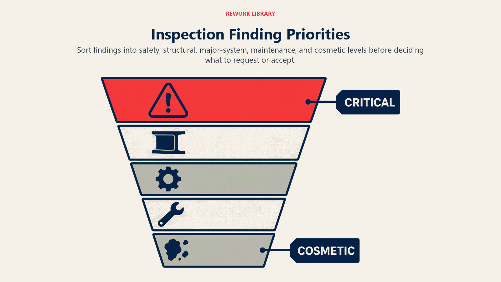 Inspection findings sorted from safety and structural issues to cosmetic items