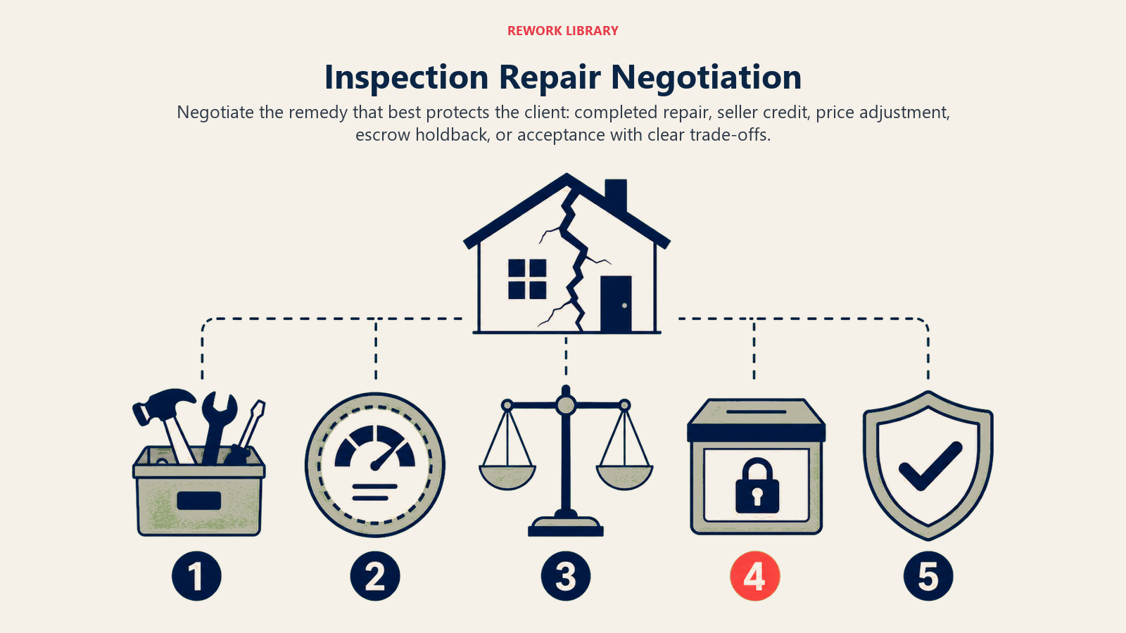 Inspection repair negotiation comparing repair, credit, price adjustment, escrow, and acceptance options