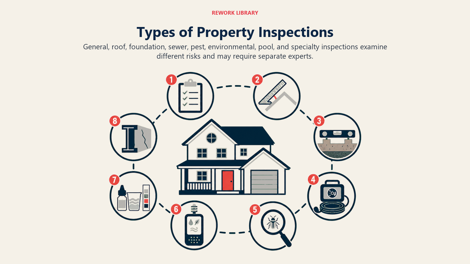 Types of property inspections represented by distinct specialist tools around one house