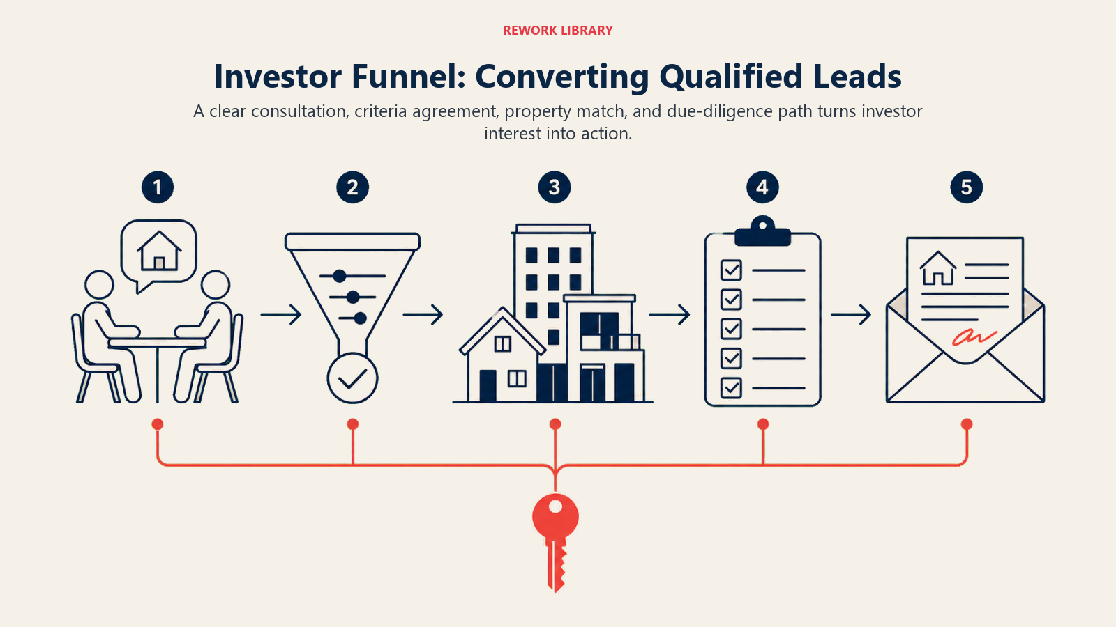 Investor Funnel: Converting Qualified Leads illustrated with a wide conversion chain from consultation table to investment criteria filter, matched property stack, due-diligence checklist, and signed offer envelope, one coral closing key.