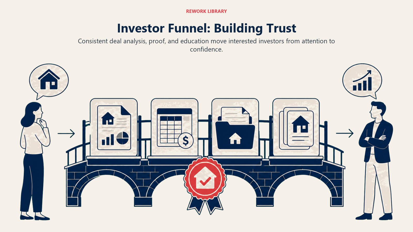 Investor Funnel: Building Trust illustrated with a wide trust bridge built from market report, deal worksheet, proof folder, and education cards connecting an interested lead to a confident investor, one coral proof seal.