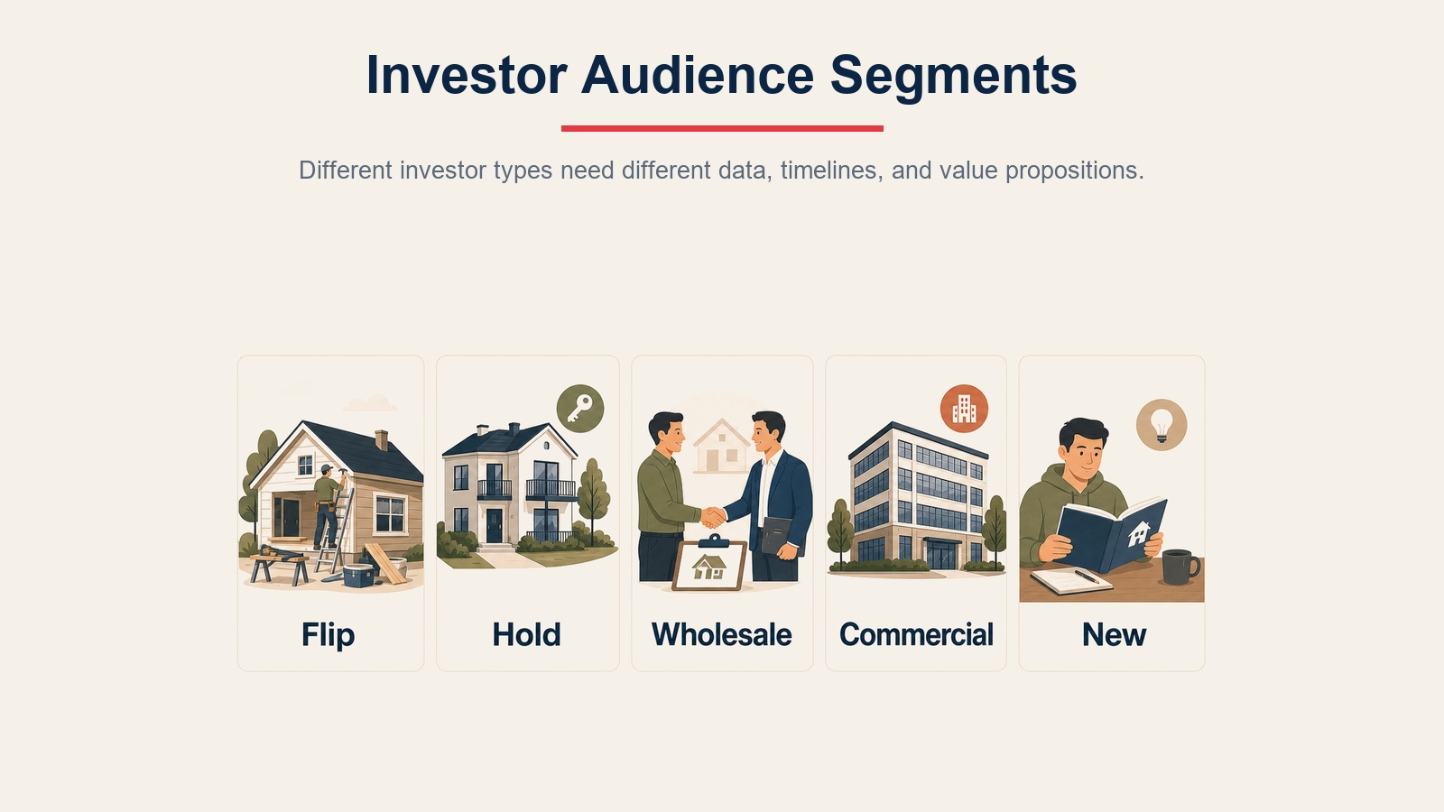 Investor audience segment visual showing flip, hold, wholesale, commercial, and new investor types