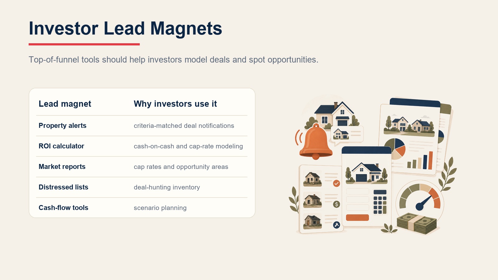Investor lead magnet table showing property alerts, ROI calculators, market reports, distressed lists, and cash-flow tools
