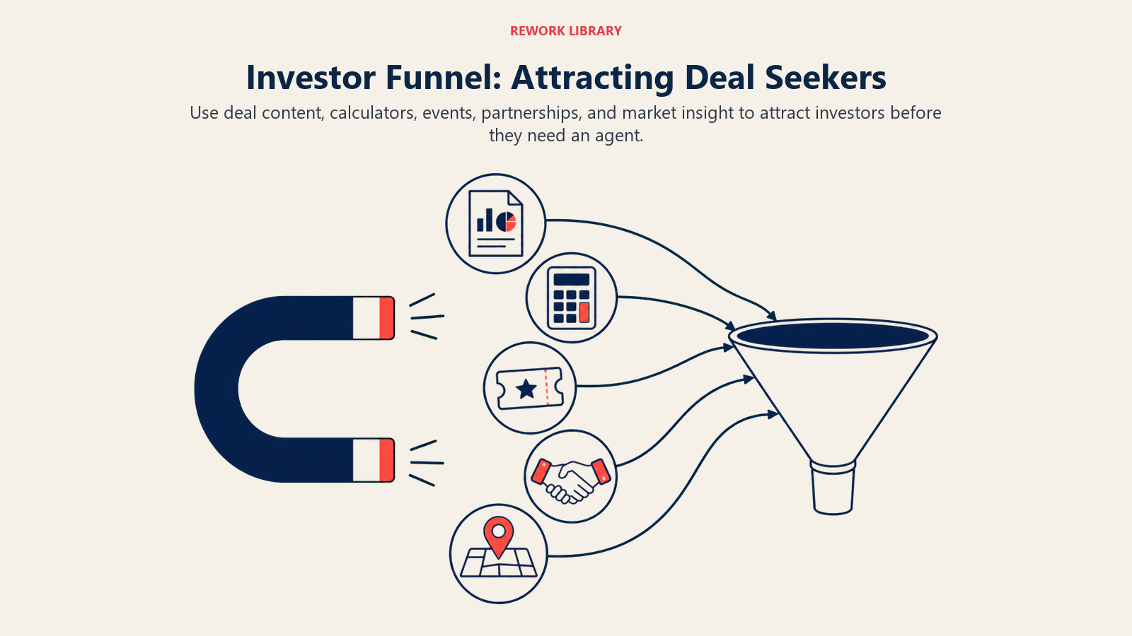 Investor Funnel: Attracting Deal Seekers illustrated with a wide magnet drawing in five investor-attraction objects: deal report, calculator, seminar ticket, partner handshake token, and local market map, then feeding a broad funnel mouth.
