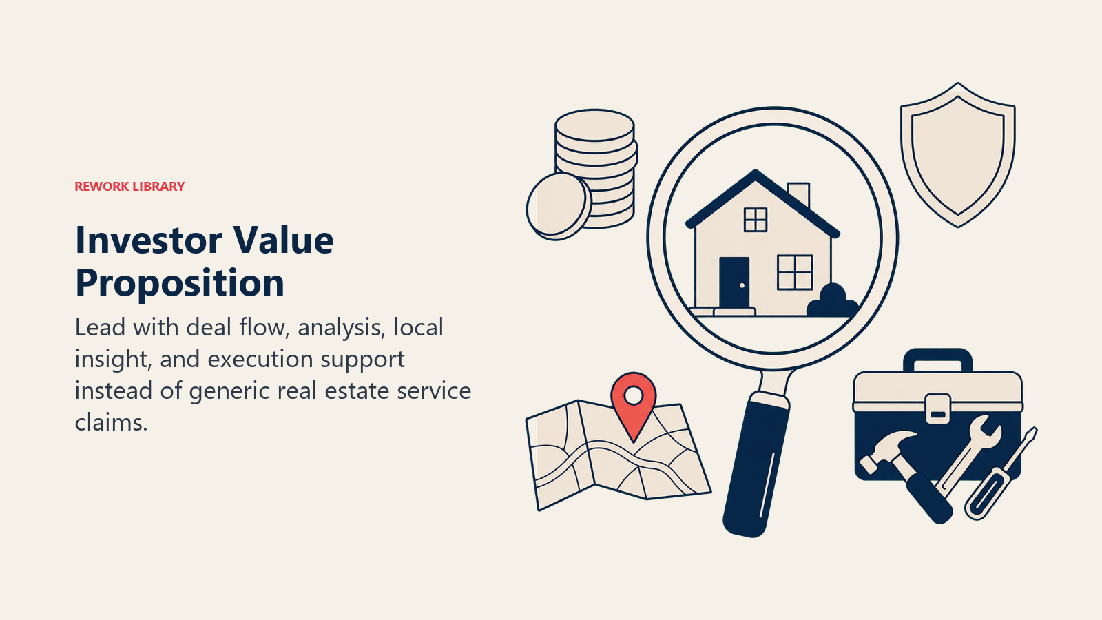 Investor Value Proposition illustrated with a deal analyzer lens balancing cash-flow tokens, risk shield, local map, and contractor checklist around one coral opportunity property.