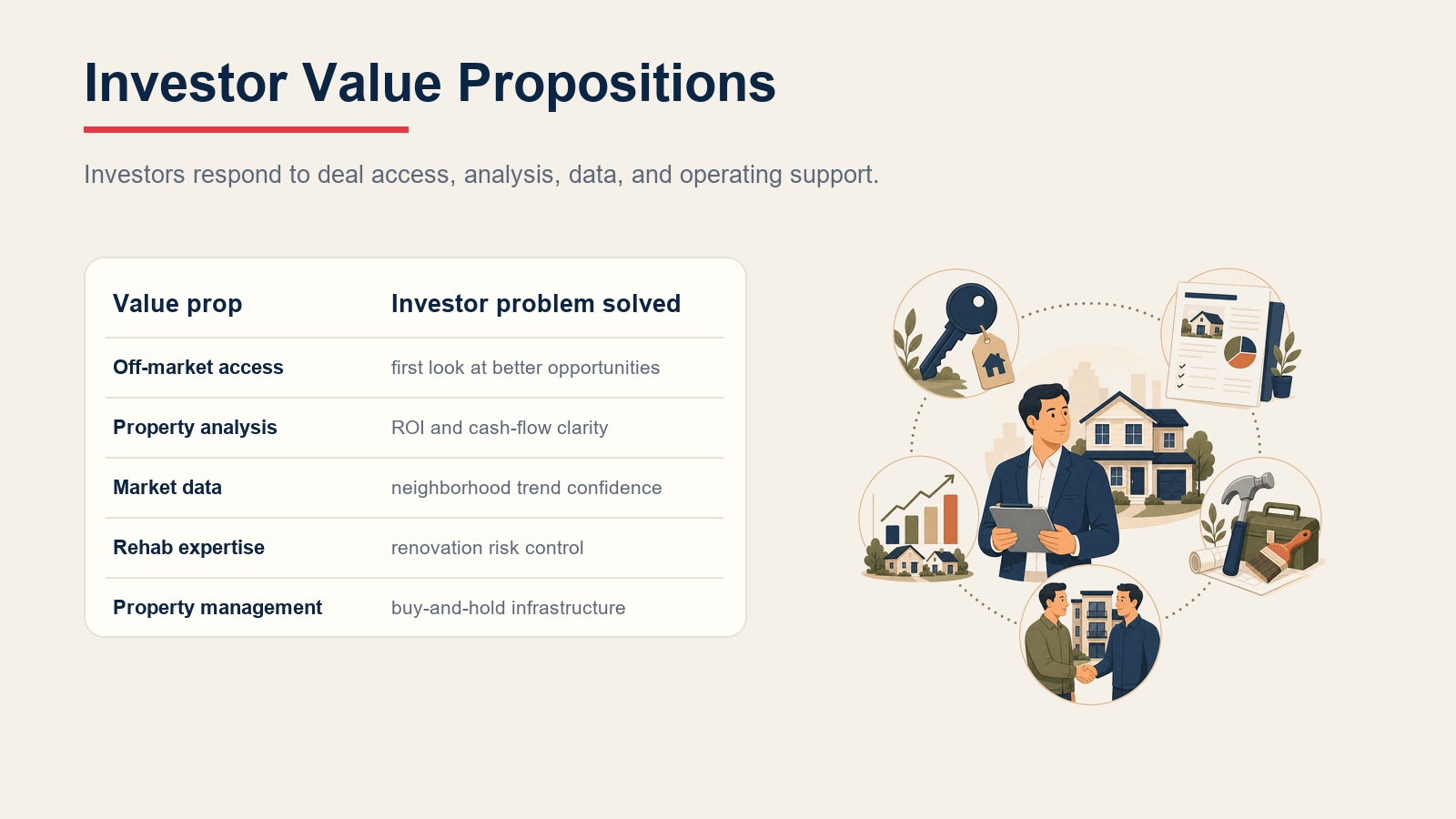 Investor value proposition table showing off-market access, property analysis, market data, rehab expertise, and property management support