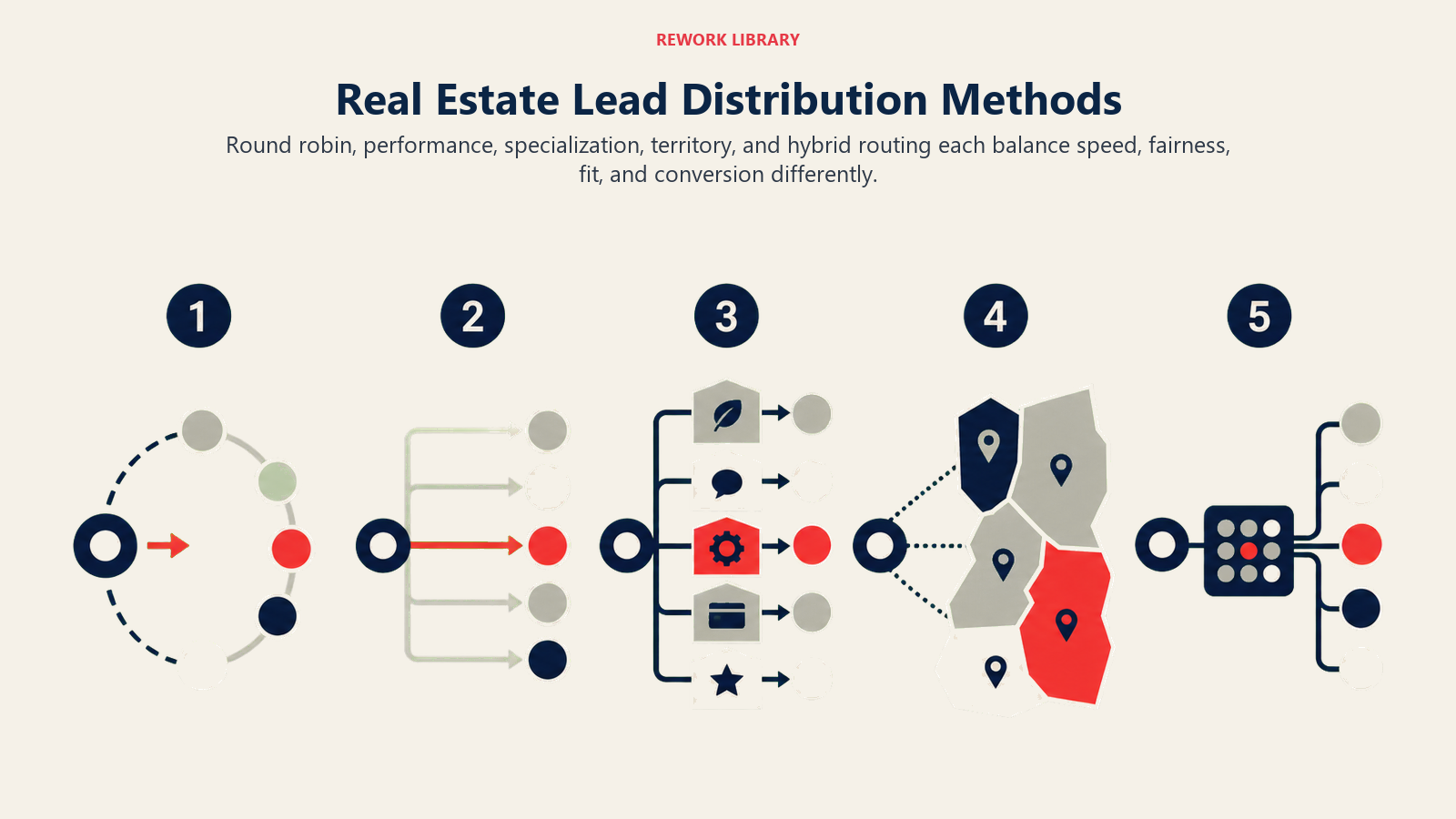 Five real estate lead distribution methods compared as distinct routing systems
