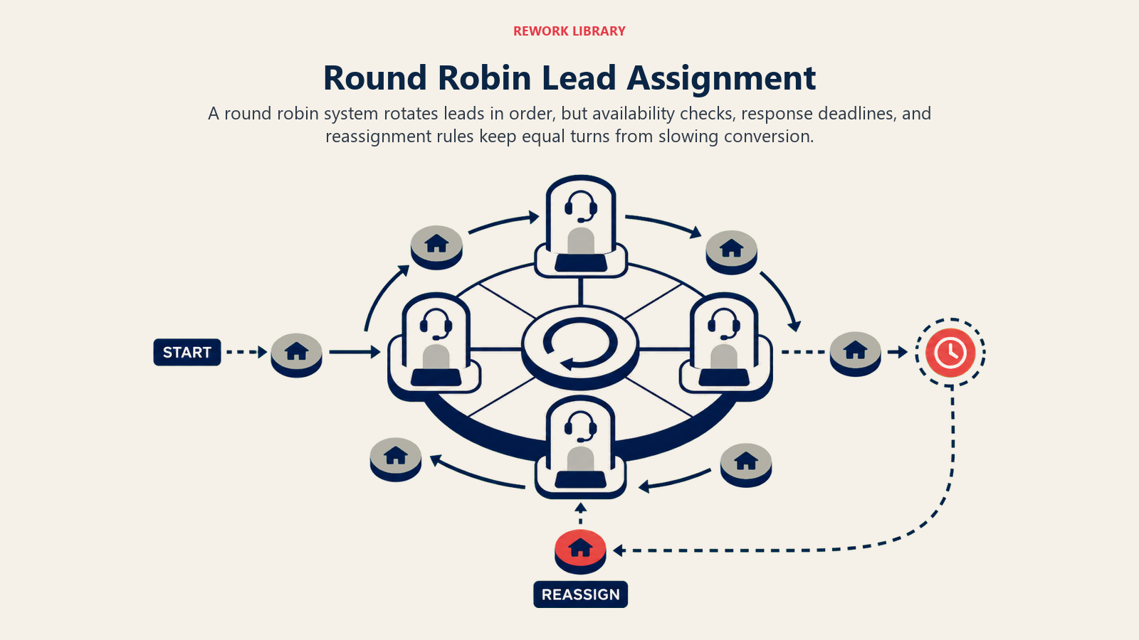Round robin lead assignment carousel with availability and response-time safeguards