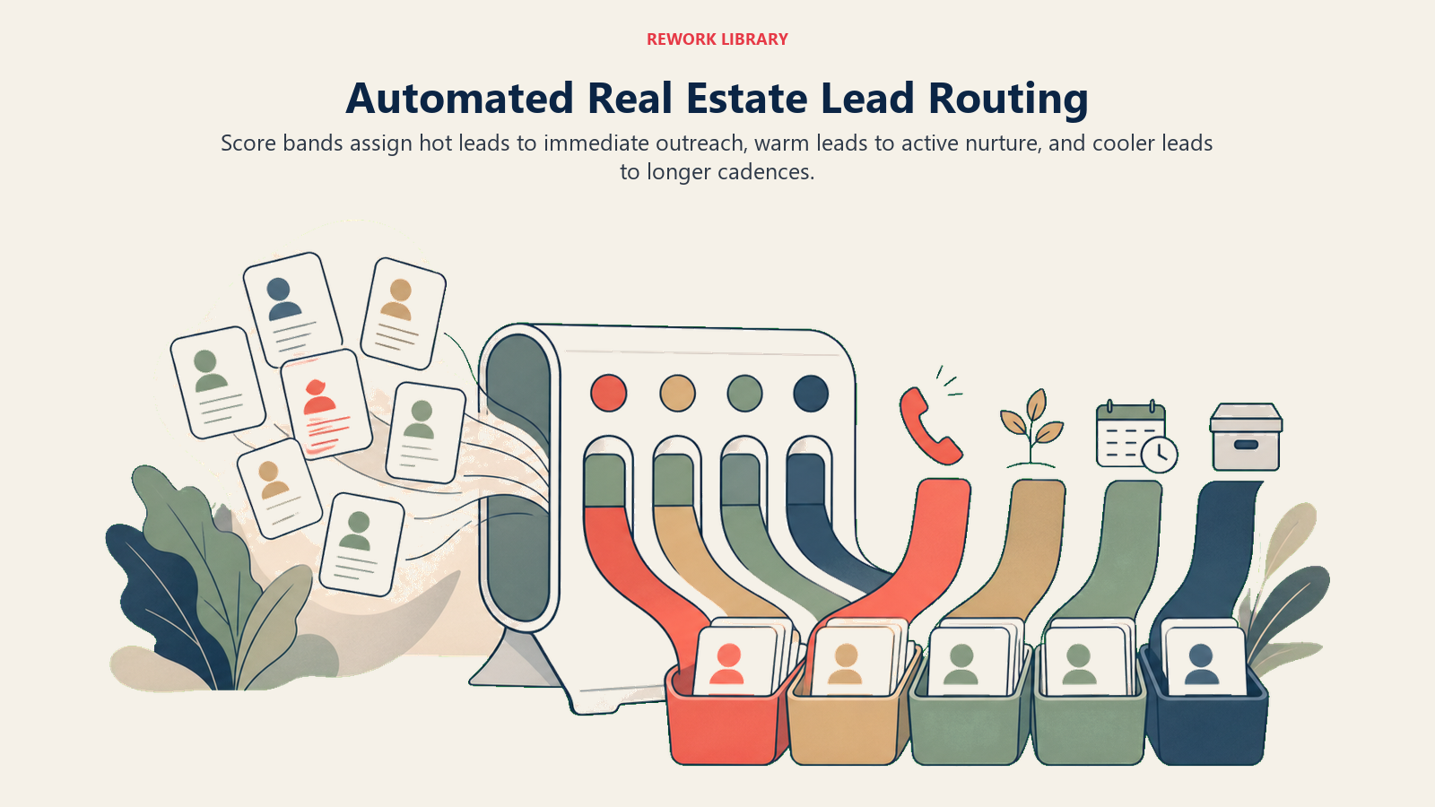 Automated Real Estate Lead Routing illustrated as four-band lead router for a real estate operating system